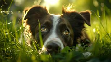 ai gegenereerd expressief grens collie ravotten in weide gevangen genomen met 50 mm lens foto