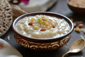 ai gegenereerd kheer , payasam. een romig en zoet rijst- pudding Indisch gerecht, gemaakt door koken melk, suiker of rietsuiker, en rijst- foto