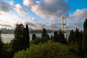 Istanbul achtergrond foto. Bosporus brug en stadsgezicht van Istanbul Bij zonsondergang foto