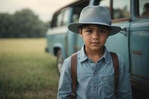 ai gegenereerd jongen in een hoed vervelend jeans foto