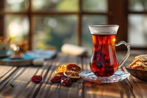 ai gegenereerd masmidj Turks thee in traditioneel glas met droog fruit foto