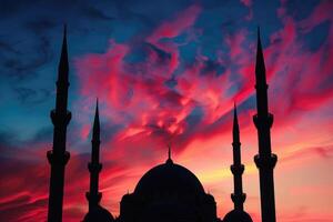 ai gegenereerd majestueus zonsondergang achter moskee minaretten in rustig avond. foto