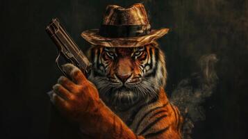 ai gegenereerd tijger in een elegant hoed zwaait een vuurwapen zelfverzekerd, ai gegenereerd foto