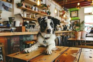 ai gegenereerd lief zwart en wit hond in honden-welkom restaurant. puppy is zittend in cafe. foto