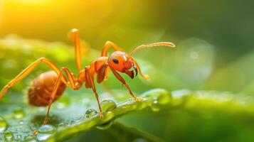 ai gegenereerd ultra macro schot van een mier navigeren een met dauwdruppels beladen gras blad. generatief ai foto
