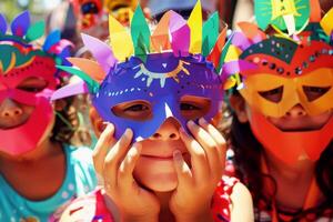 ai gegenereerd kinderen zetten Aan kleurrijk maskers gemaakt van uitsparingen , cinco de mayo festival concept foto