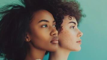 ai gegenereerd eenheid in verscheidenheid detailopname portret van twee Dames, naar overbrengen de bericht van eenheid en verscheidenheid door een opvallend en gedenkwaardig portret van twee Dames foto