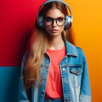 ai gegenereerd jong vrouw met high Tech bril en hoofdtelefoons tegen levendig, solide achtergrond foto