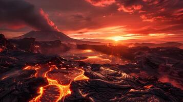 ai gegenereerd zonsondergang vulkanisch landschap van gesmolten goud stromen temidden van ijzer erts rotsen onder karmozijn lucht foto
