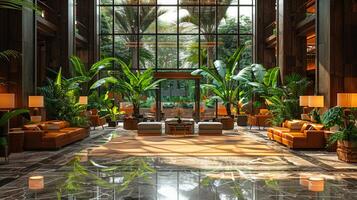 ai gegenereerd overdadig hotel lobby met marmeren vloeren weelderig planten foto