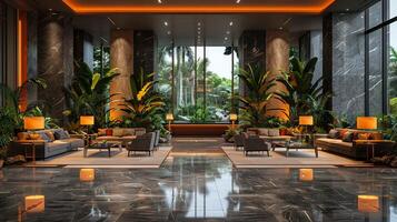 ai gegenereerd overdadig hotel lobby met marmeren vloeren weelderig planten foto