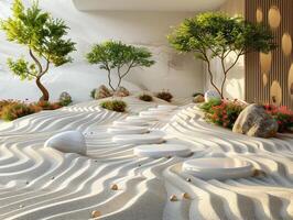 ai gegenereerd minimalistische zen tuin met geharkt zand en gemakkelijk foto