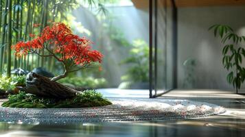 ai gegenereerd minimalistische zen tuin met geharkt zand en gemakkelijk foto