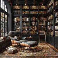 ai gegenereerd humeurig huis bibliotheek met donker schappen een ladder foto