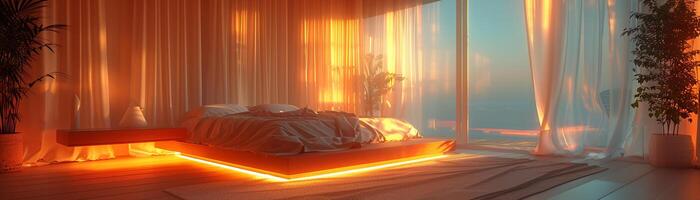ai gegenereerd romantisch slaapkamer met zacht verlichting puur gordijnen foto