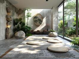 ai gegenereerd zen meditatie kamer met tatami matten een laag tafel foto