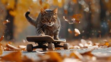 ai gegenereerd dapper weinig kat Aan een skateboard foto