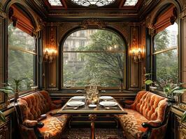 ai gegenereerd wijnoogst trein auto dining ervaring met periode details en intiem zitplaatsen3d geven foto
