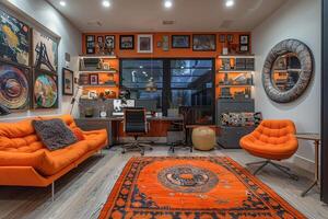 ai gegenereerd eigenzinnig huis kantoor met kleurrijk artwork en onconventioneel meubilair foto