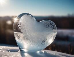 ai gegenereerd mooi ijs hart gedekt met vorst in de sneeuw smelten in de zonlicht foto