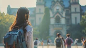 ai gegenereerd Aziatisch vluchteling vrouw in Universiteit campus. terug visie. immigrant leerling met rugzak. concept van immigrant opleiding, vluchteling integratie, diversiteit, cultureel aandelenbeurs, academisch aspireren foto