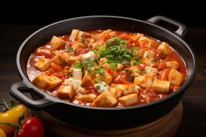 ai gegenereerd heerlijk zuiden Koreaans sundubu jjigae. een aanlokkelijk zacht tofu stoofpot met pittig smaken foto