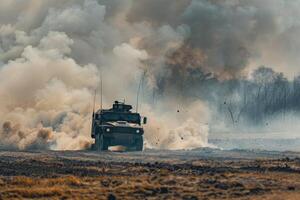 ai gegenereerd leger gepantserd voertuig kruisen de veld, stof en rook in de omgeving van foto