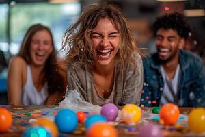 ai gegenereerd speels tafereel met vrienden sharing grappen en streken naar vieren april dwazen dag foto