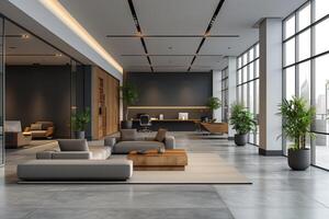 ai gegenereerd een minimalistisch geïnspireerd kantoor ruimte gekenmerkt door schoon bouwkundig lijnen, Open ruimten foto