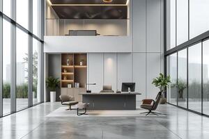 ai gegenereerd een minimalistisch geïnspireerd kantoor ruimte gekenmerkt door schoon bouwkundig lijnen foto