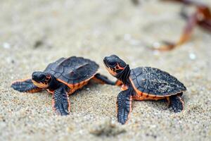 ai gegenereerd baby pasgeboren schildpadden Aan zonnig strand zand. genereren ai foto