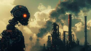 ai gegenereerd uurwerk dystopisch robot, versierd in versnellingen, emitting stoom- staat in voorkant van een steampunk fabriek met enorm schoorstenen fotografie, silhouet verlichting, vignet foto