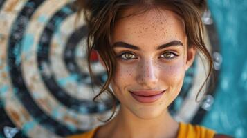 ai gegenereerd vrouw met blauw ogen staand in voorkant van doelwit foto