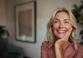 ai gegenereerd glimlachen vreugdevol, een blond volwassen vrouw accenten haar gezicht, vieren haar geslaagd schoonheid regime foto