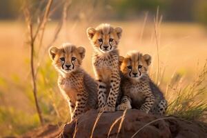 ai gegenereerd baby cheeta's blijven samen in natuur, generatief ai foto
