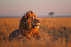 ai gegenereerd mannetje leeuw zittend Bij savanne safari grasland .generatief ai foto