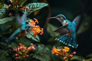 ai gegenereerd kolibrie zuigen nectar van bloeien in de bos, generatief ai foto