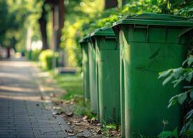 ai gegenereerd groen vuilnis bakken zijn bekleed omhoog langs de straat foto