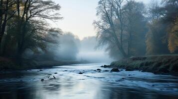 ai gegenereerd een nevelig rivier- Aan een mistig ochtend- een rustgevend en mystiek tafereel foto