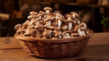 ai gegenereerd mand boordevol met vers shiitake champignons foto