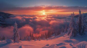 ai gegenereerd zon instelling over- wolken in bergen foto