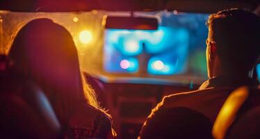 ai gegenereerd nachtpaar genieten van een drive-thru bioscoop ervaring Bij nacht foto