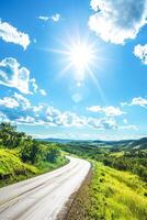 ai gegenereerd zonnig dag over- een gebogen land weg in een weelderig groen landschap foto