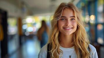 ai gegenereerd vrouw staand in gang met rugzak foto