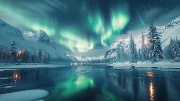 ai gegenereerd Aurora borealis reflecterend in water foto