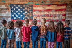 ai gegenereerd groep van school- kinderen staand in voorkant van een groot Amerikaans vlag, trots reciteren de belofte van trouw naar eer vlag dag foto