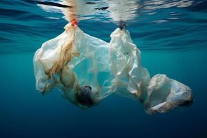 ai gegenereerd niet biologisch afbreekbaar plastic zak oceaan ecologie afval. genereren ai foto