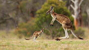 ai gegenereerd blij kangoeroe met Joey, familie sprong, binnenlanden ritme foto