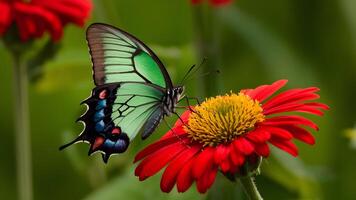 ai gegenereerd smaragd groen vlinder Aan rood bloem, heel scherp beeld foto