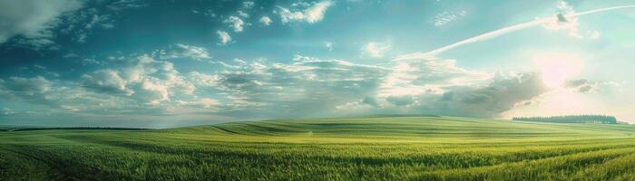 ai gegenereerd een panoramisch landschap van een sereen groen veld- onder een enorm lucht foto